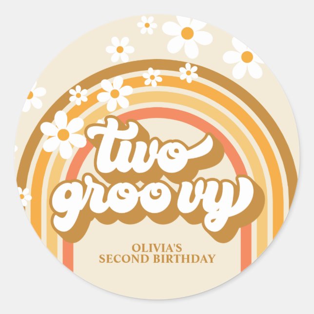 Retro Two GroovY Rainbow Brown Orange Birthday Runder Aufkleber (Vorderseite)