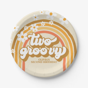 Retro Two GroovY Regenbogen Braun Orange Geburtsta Pappteller
