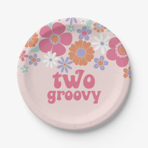 Retro Two Groovy Rosa Blumenmuster Pappteller