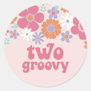 Retro Two Groovy Rosa Blumenmuster Runder Aufkleber