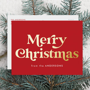Retro Typ Frohe Weihnachtsrot und Gold Folien Feiertagspostkarte