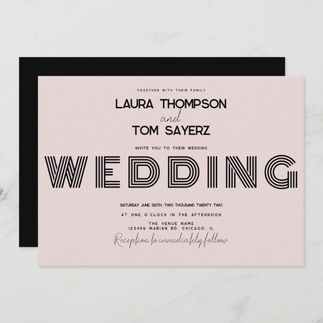 Retro Type Simple Block Wedding Rose Black Einladung (Vorne/Hinten)