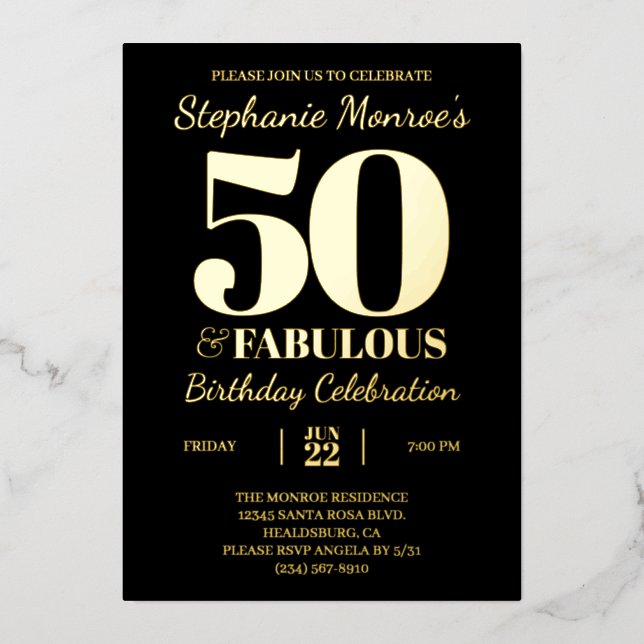 Retro Typografie 50 & Fabulous Black and Gold Folieneinladung (Vorderseite)