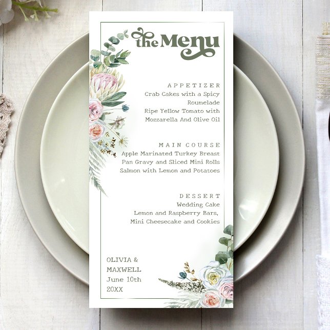 Retro Typografie Floral Boho Sage Green Wedding Menükarte (Von Creator hochgeladen)