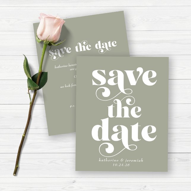Retro Typografie Sage Green Save the Date (Von Creator hochgeladen)