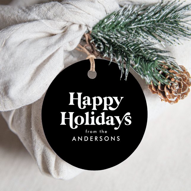 Retro Typografie Schwarz-Weiß-Happy Holidays Geschenkanhänger (Von Creator hochgeladen)