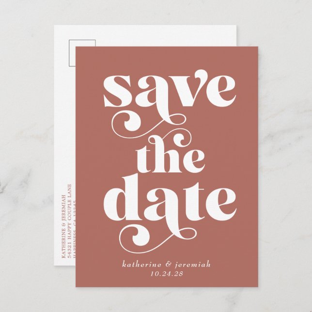 Retro Typografie Terracotta Wedding Save the Date Ankündigungspostkarte (Vorne/Hinten)