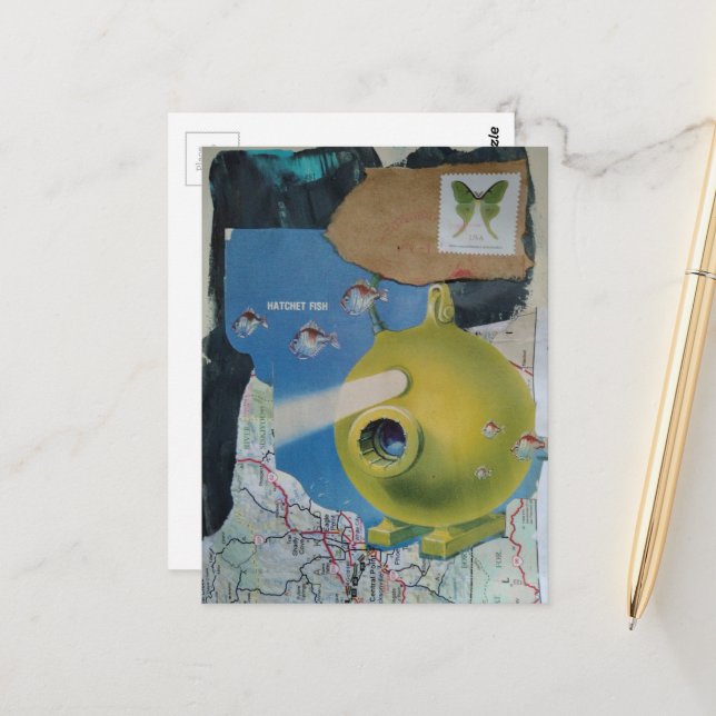 Retro-U-Boot-Fisch-und-Motte-Collage Postkarte (Vorderseite/Rückseite Beispiel)