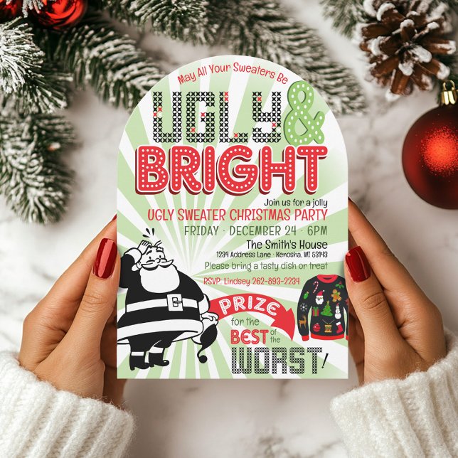 Retro Ugly Sweater Christmas Party Arch Einladung (Trendy arch shape retro funny ugly Christmas sweater vintage Santa claus Christmas party invitation)