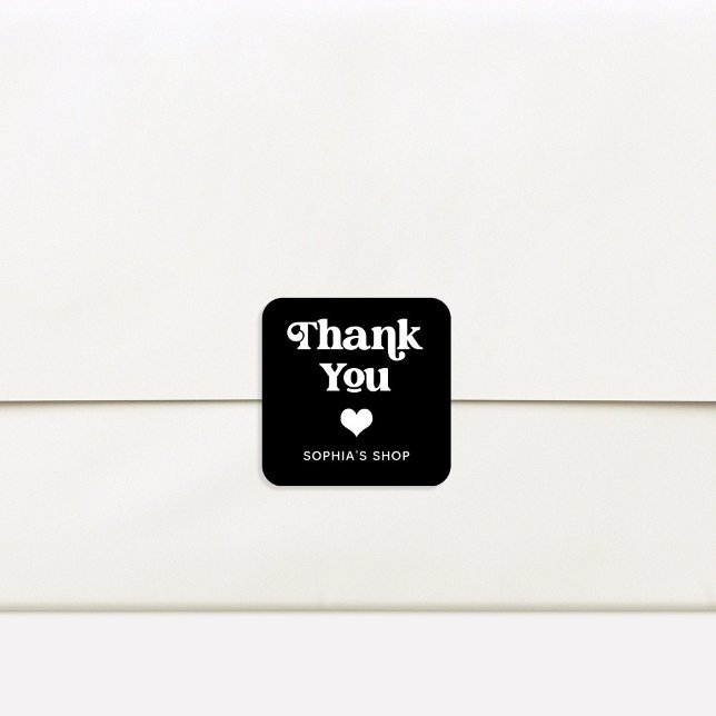 Retro und Boho | Black Branding Vielen Dank Quadratischer Aufkleber (A retro and boho small business thank you sticker with a heart)