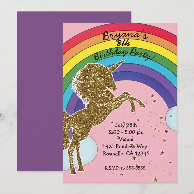 Retro Unicorn Rainbow & Gold Stars Geburtstagspart Einladung (Vorne/Hinten)