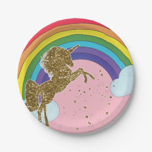 Retro Unicorn Rainbow & Gold Stars Geburtstagspart Pappteller