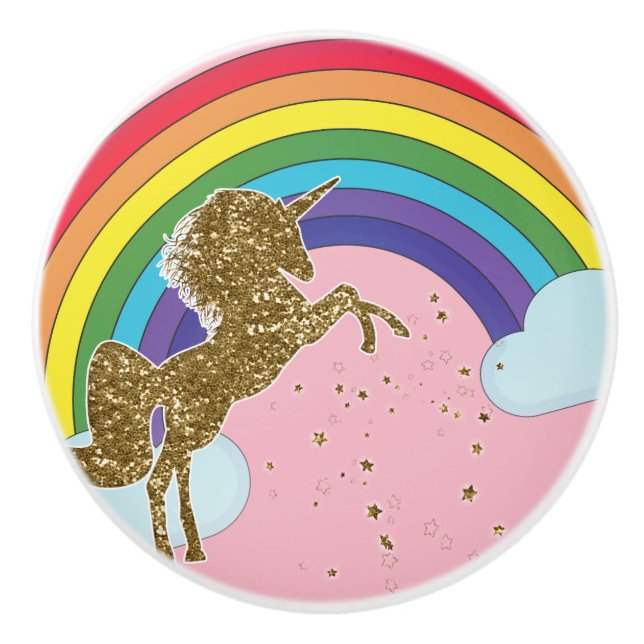 Retro Unicorn Rainbow & Gold Stars Girls Keramikknauf (Vorderseite)