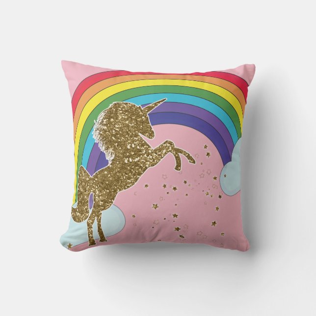 Retro Unicorn Rainbow & Gold Stars Girls Kissen (Vorderseite)