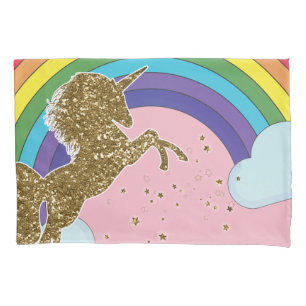 Retro Unicorn Rainbow & Gold Stars Kissenbezug