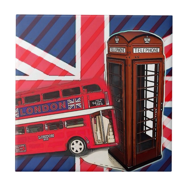 Retro Union Jack London Bus rote Telefonkabine Fliese (Vorderseite)