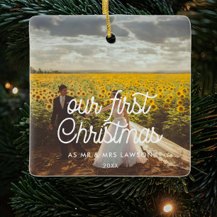 Retro Unser erstes Weihnachtscouple-Foto Keramikornament