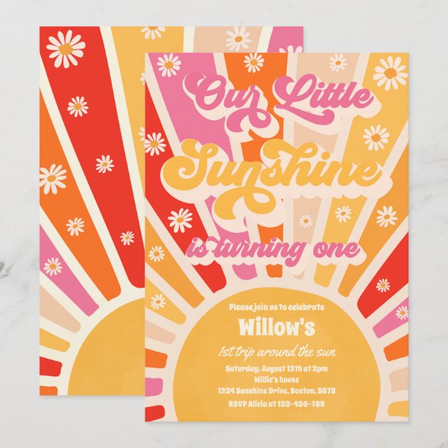 Retro Unser kleiner Sonnenschein 1. Geburtstag Par Einladung (Vorne/Hinten)