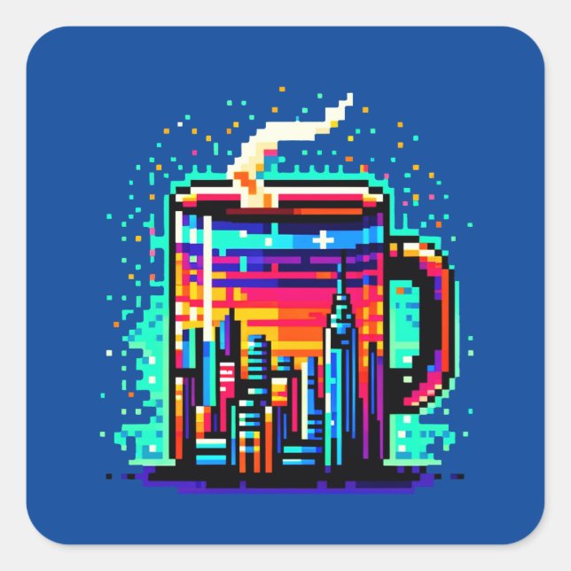 Retro Urban 8-Bit-City-Kaffee-Tasse Quadratischer Aufkleber (Vorderseite)