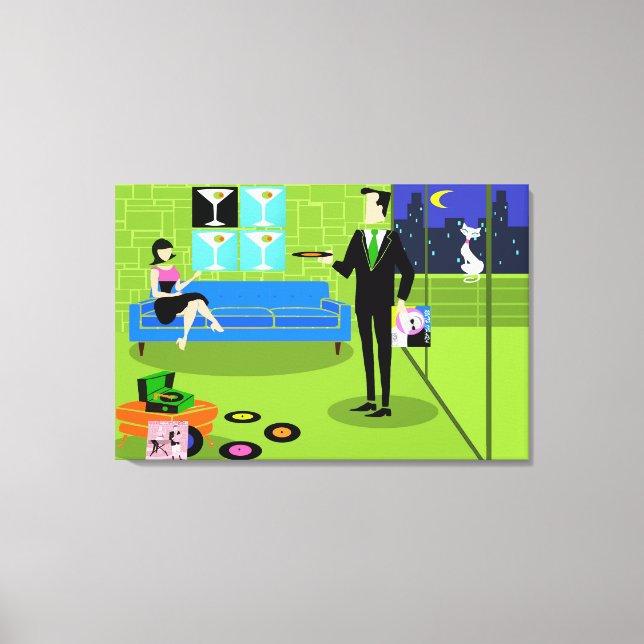 Retro Urban Cartoon Couple Stretched Canvas Print Leinwanddruck (Vorderseite)