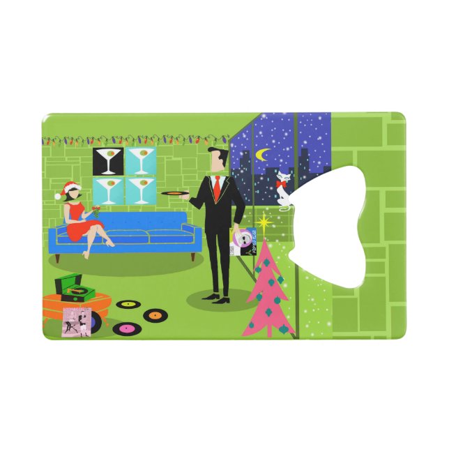 Retro Urban Christmas Couple Card Flaschenöffner (Vorderseite (Horizontal))