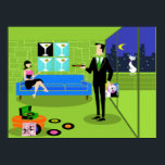 Retro Urban Couple Poster<br><div class="desc">Dieses Retro Urban Cartoon Couple Poster besticht durch den Cartoon eines elegant eingerichteten Penthouse Apartments mit Blick auf die Skyline der Stadt. Die Wohnung verfügt über einen grünen Fußboden und eine grüne Ziegelmauer. An der Wand sind vier klassische Movie Martini Stretched Canvas Prints, die auch im StrangeLittleOnion's Zazzle Store erhältlich...</div>