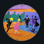 Retro Urban Rooftop Party Dart Board Dartscheibe<br><div class="desc">Dieses Retro Urban Party Dart Board ist im Detail berauschend. Das Design des Cartoon besticht durch ein ausgeklügeltes Cocktail-Party, das normalerweise nur in Filmen aus den 1960er Jahren zu sehen ist. Es gibt viel für die Partygänger zu erledigen. Vom Komfort eines Penthouse-Apartments genießen die Gäste die Aussicht und das Ambiente....</div>