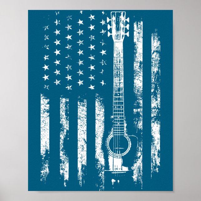 Retro Us Flag Acoustic Guitar Distressed Patriotic Poster (Vorne)