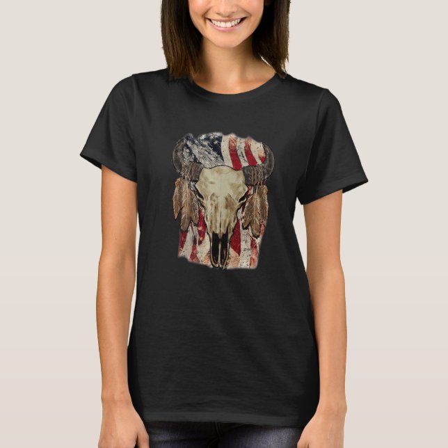Retro US Flag Boho Skull Western Country Cowgirl W T-Shirt (Vorderseite)