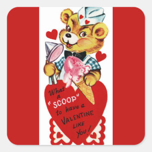 Retro Valentine Bear and Ice Creme Quadratischer Aufkleber