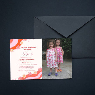 Retro Valentine Sweetheart Twin 2. Geburtstag Einladung