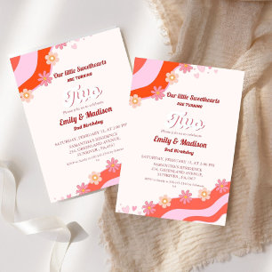 Retro Valentine Sweetheart Twin 2. Geburtstag Einladung