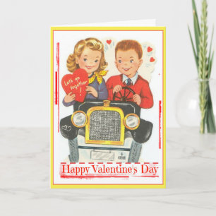 Retro Valentine Teenagers in Jalopy Greeting Card Feiertagskarte