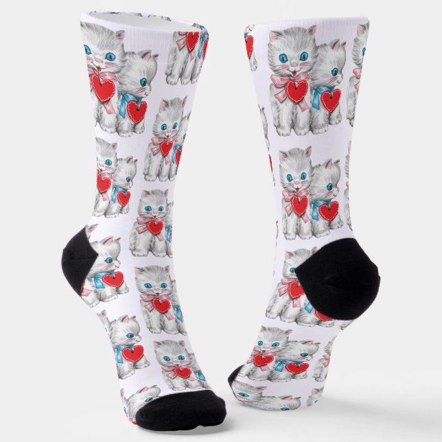 Retro Valentine's Day Cats, Vintage Cute Kitten Socken (Gewinkelt)