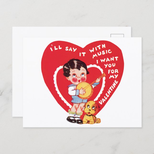 Retro Valentine's Day, Vintage Boy Music Banjo Postkarte (Vorne/Hinten)