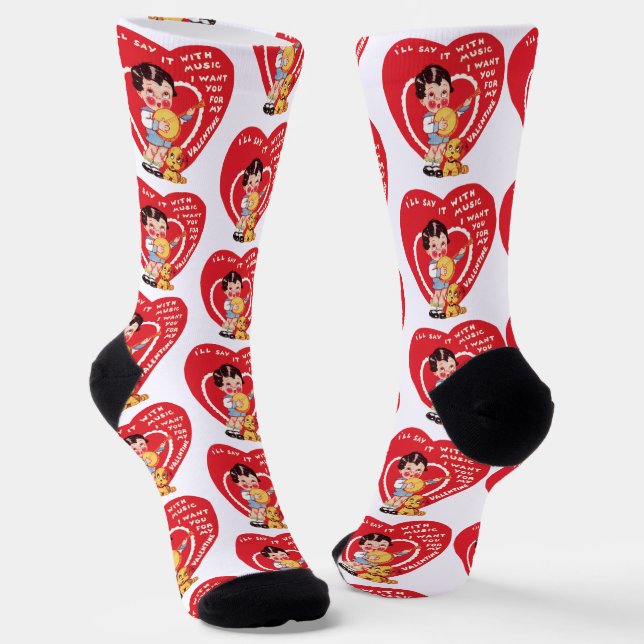 Retro Valentine's Day, Vintage Boy Music Banjo Socken (Gewinkelt)