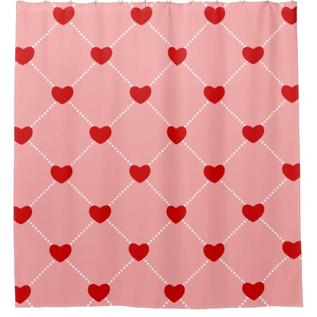 retro valentines dots hearts pink red duschvorhang (Vorderseite)