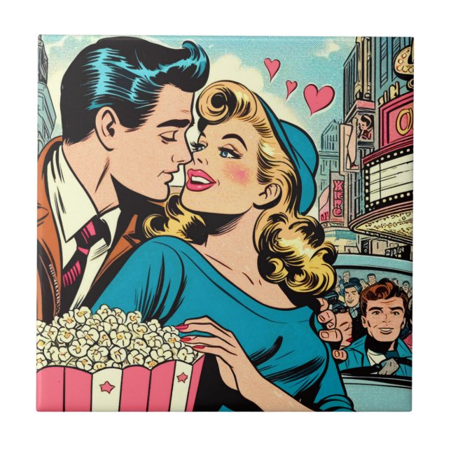 Retro Valentins Liebe Couple Comic Fliese (Vorderseite)