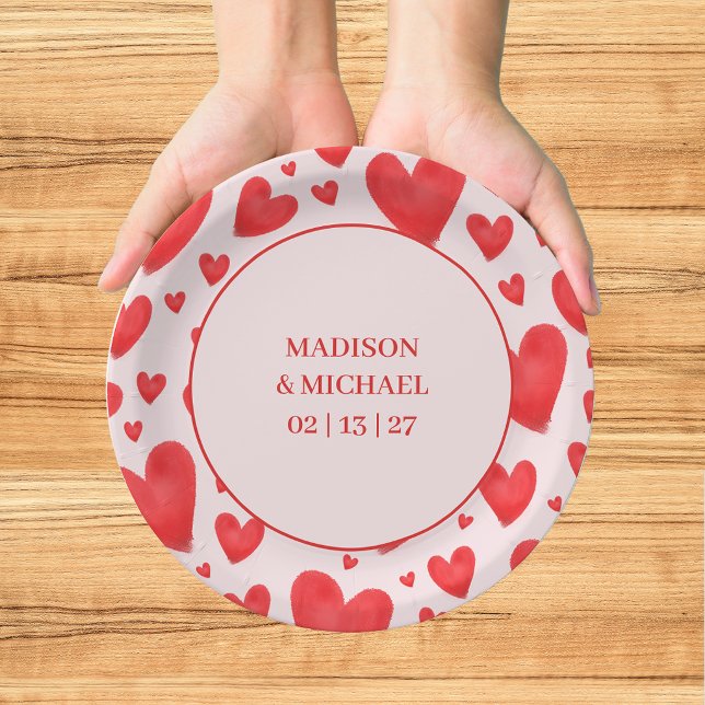 Retro Valentinsherzen Hochzeit Rot Pink Pappteller (Von Creator hochgeladen)