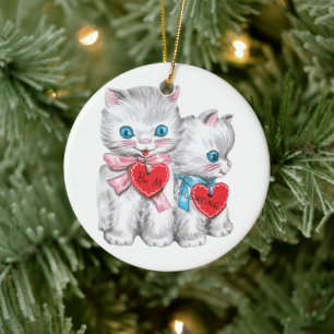 Retro-Valentinstag-Katzen, Vintage-flauschige Kätz Keramik Ornament