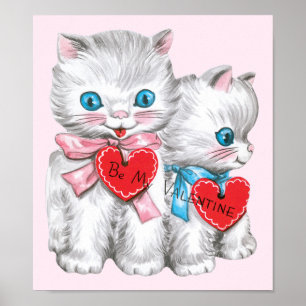 Retro Valentinstag Katzen, Vintage Fluffige Kätzch Poster