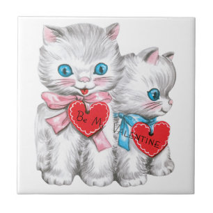 Retro-Valentinstag-Katzen, Vintage-Fluffy-Kätzchen Fliese