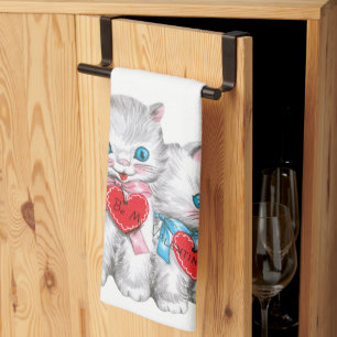 Retro-Valentinstag-Katzen, Vintage-Fluffy-Kätzchen Geschirrtuch