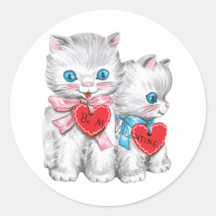 Retro-Valentinstag-Katzen, Vintage-Fluffy-Kätzchen Runder Aufkleber
