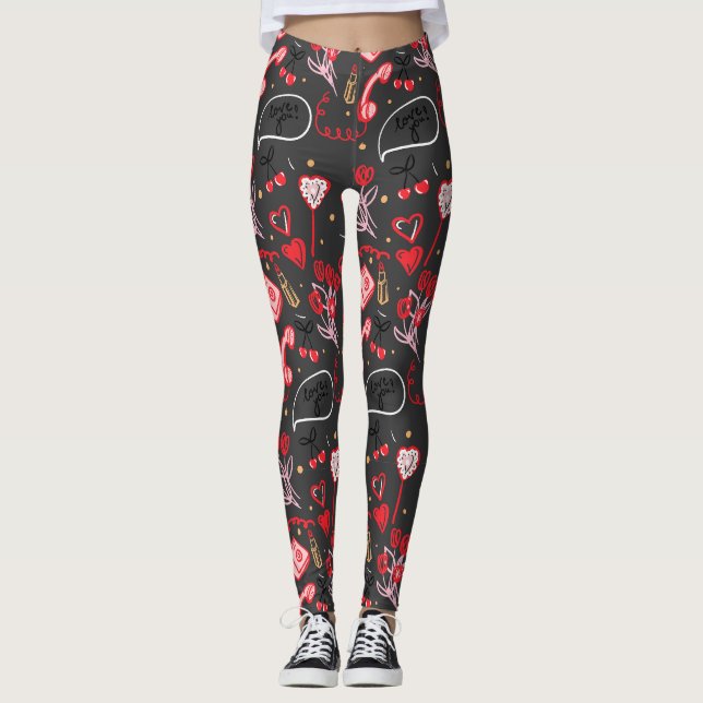 Retro Valentinstag-Liebesdoodles Leggings (Vorderseite)