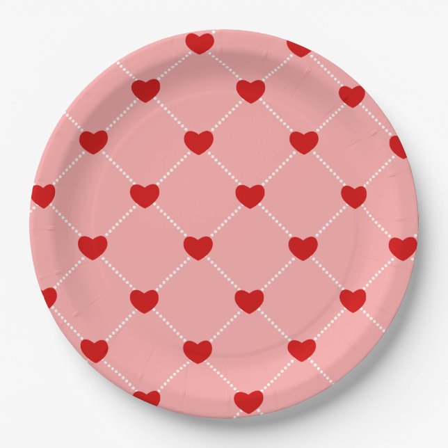 retro Valentinstag Punkte Herzen rosa rot Pappteller (Vorderseite)