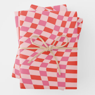 Retro Valentinstag Rosa Rot Wellenförmig Schachbre Geschenkpapier Set