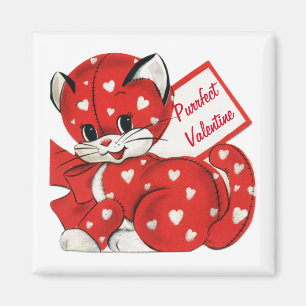 Retro-Valentinstag-Rote-Katze-Weiße-Herzen-Retro-L Magnet