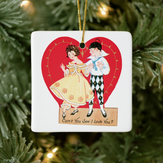 Retro Valentinstag, Vintag Harlequin und Herz Keramikornament (Baum)