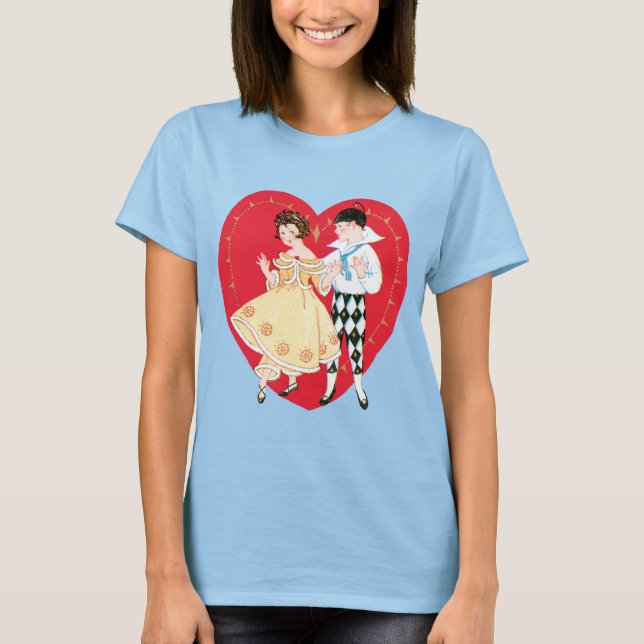 Retro Valentinstag, Vintag Harlequin und Herz T-Shirt (Vorderseite)